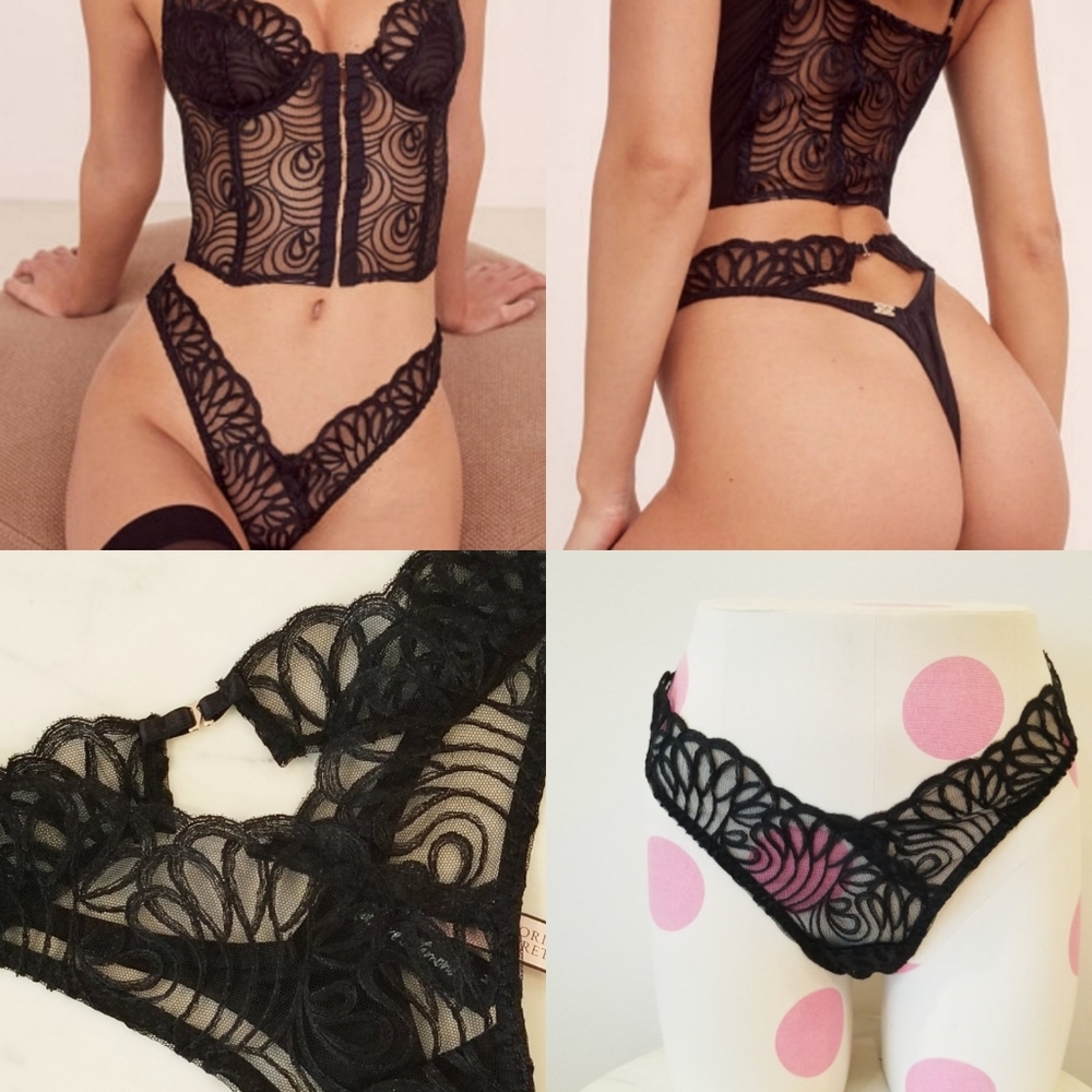 For Love and Lemons After Dark Thong Panty Black NWT Deep V Plunge Sheer Tulle
